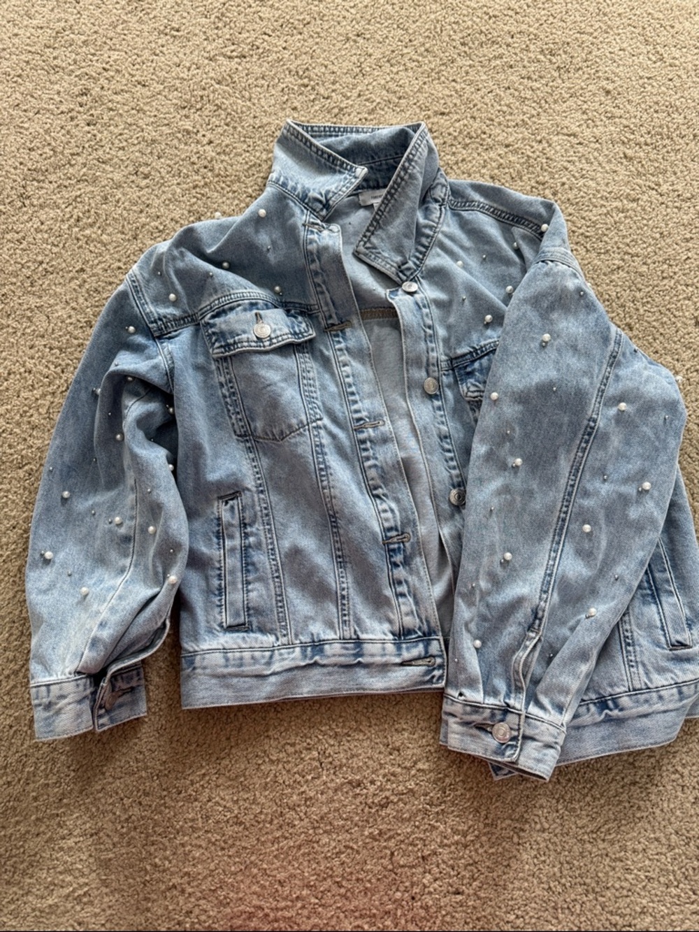 Forever 21 Light Blue Pearl-Embellished Denim Jacket